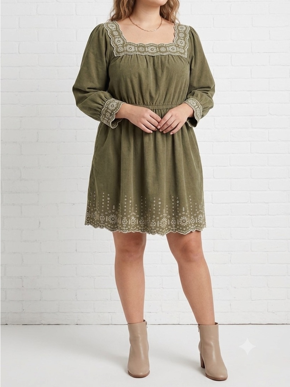 Madewell Olive Corduroy Embroidered Mini Dress Medium Long Sleeve Stretch Waist